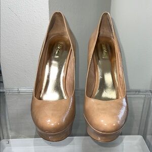 Wild Pair Tan Patent Leather Platform Pumps